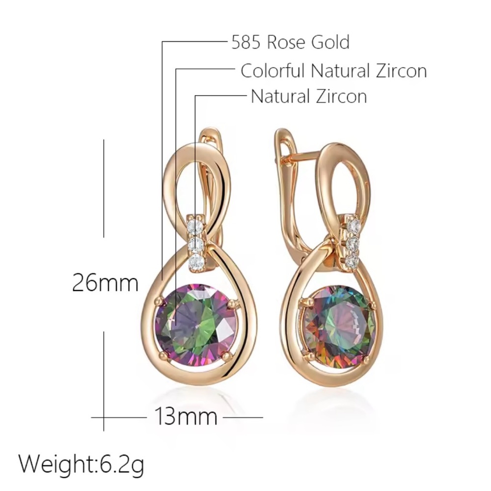 Rose Gold Water Drop Colorful Natural Zirconia Earrings - Picture 4 of 7